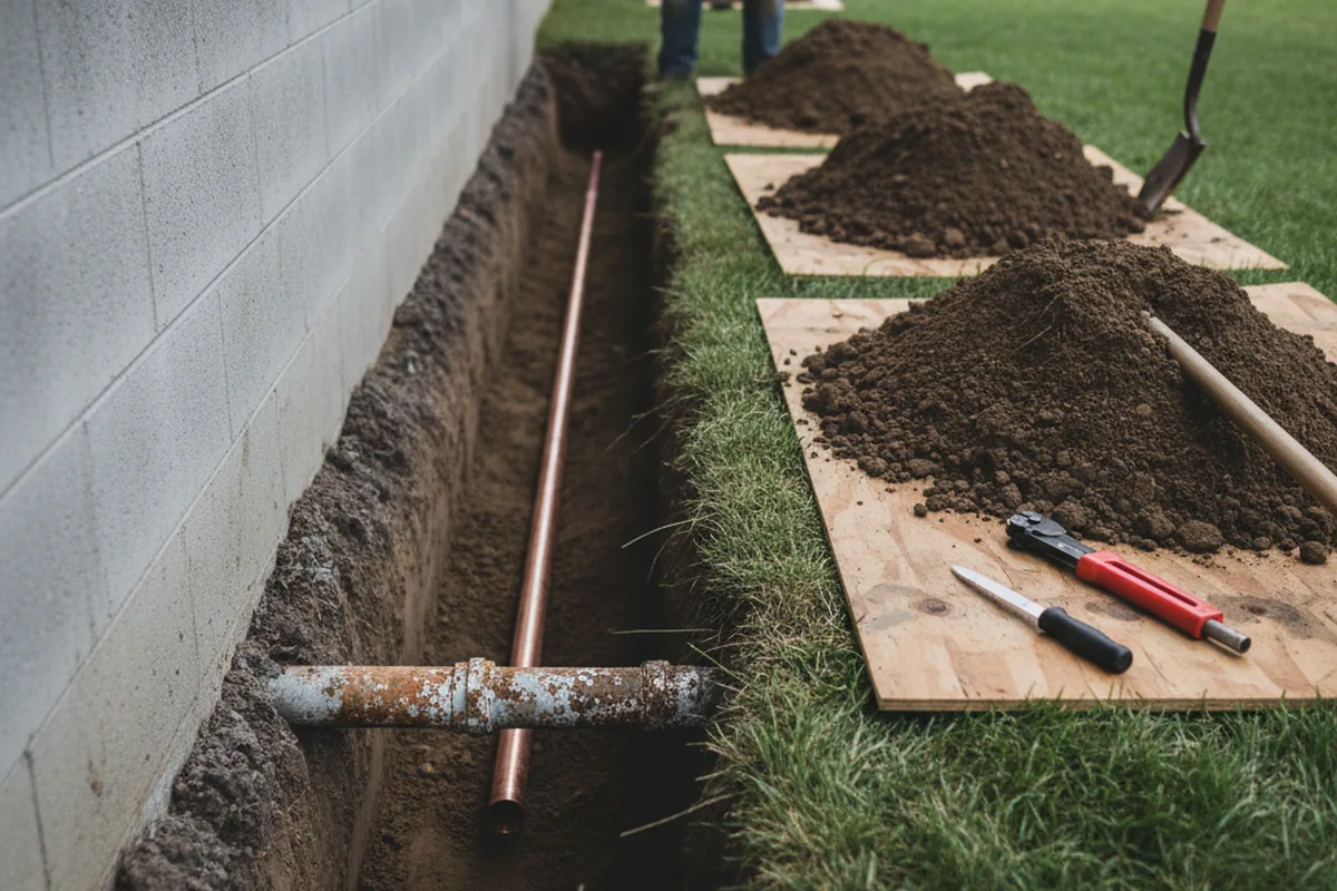 Excavated water line trench during Water Heater Repair in Sipesville
